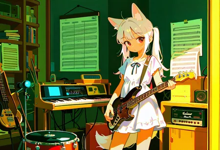 masterpiece, best quality, amazing quality, absurdres, newest, sfw, 1girls, solo, trendy outfits, shade, white dress, long hair, twintails, white hair, fox ear, blue shadow, candit shot, white fox tail, flat color, no lineart, contrapposto, indoors, music store, Guitars, Keyboards, Drums, Bass guitars, Microphones, Amplifiers, Sheet music, Music stands, Tuners, sun light, blue light,
tianliang_duohe_fangdongye:0.7