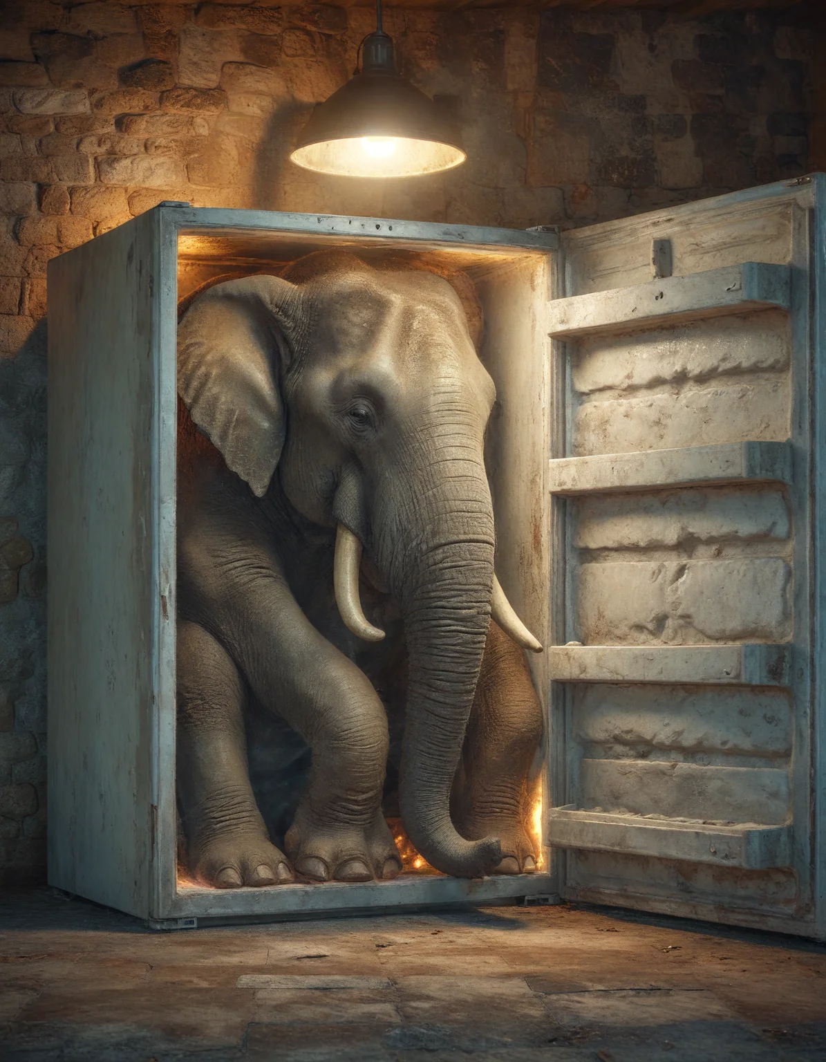 surreal photo of big elephant sitting inside a refrigerator, The elephant is crammed into the refrigerator, refrigerator glowing, empty room with stone walls, soft diffuse light, volumetric lightings, realistic, <lora:sdxl_lightning_8step_lora:1>, <lora:MJ52:0.5>, <lora:xl_more_art-full_v1:0.5>