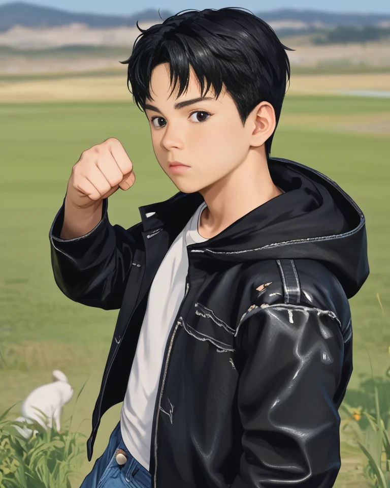 score_9, score_8_up, score_7_up, Korean, <lora:Cute_Cartoon_ArtStyle:1>, ((handsome young cute man:1.2, light skin)),
tae_dong, skinny, torn shirt, leather jacket, hooded jacket, jeans, black hair, black eyes, rabbit,surrounded, blocking, hand up, clenched fist, grass, nature, outdoors, cuddling, looking at viewer, dynamic action, male focus, 1boy, solo, cowboy shot, from side, depth of field, masterpiece, best quality, amazing quality, very aesthetic, absurdres, newest, very awa, shadow, dynamic angle, <lora:tae_dong-000018:1>