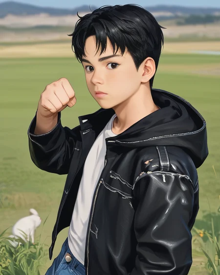 score_9, score_8_up, score_7_up, Korean, <lora:Cute_Cartoon_ArtStyle:1>, ((handsome young cute man:1.2, light skin)),
tae_dong, skinny, torn shirt, leather jacket, hooded jacket, jeans, black hair, black eyes, rabbit,surrounded, blocking, hand up, clenched fist, grass, nature, outdoors, cuddling, looking at viewer, dynamic action, male focus, 1boy, solo, cowboy shot, from side, depth of field, masterpiece, best quality, amazing quality, very aesthetic, absurdres, newest, very awa, shadow, dynamic angle, <lora:tae_dong-000018:1>