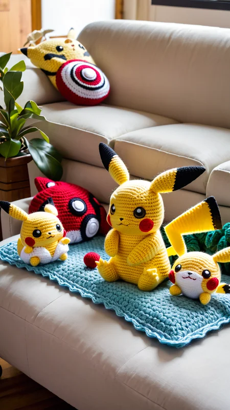 (Amigurumi Doll style:1.3), very detailed, pikachu leisuring on couch with other pokemon