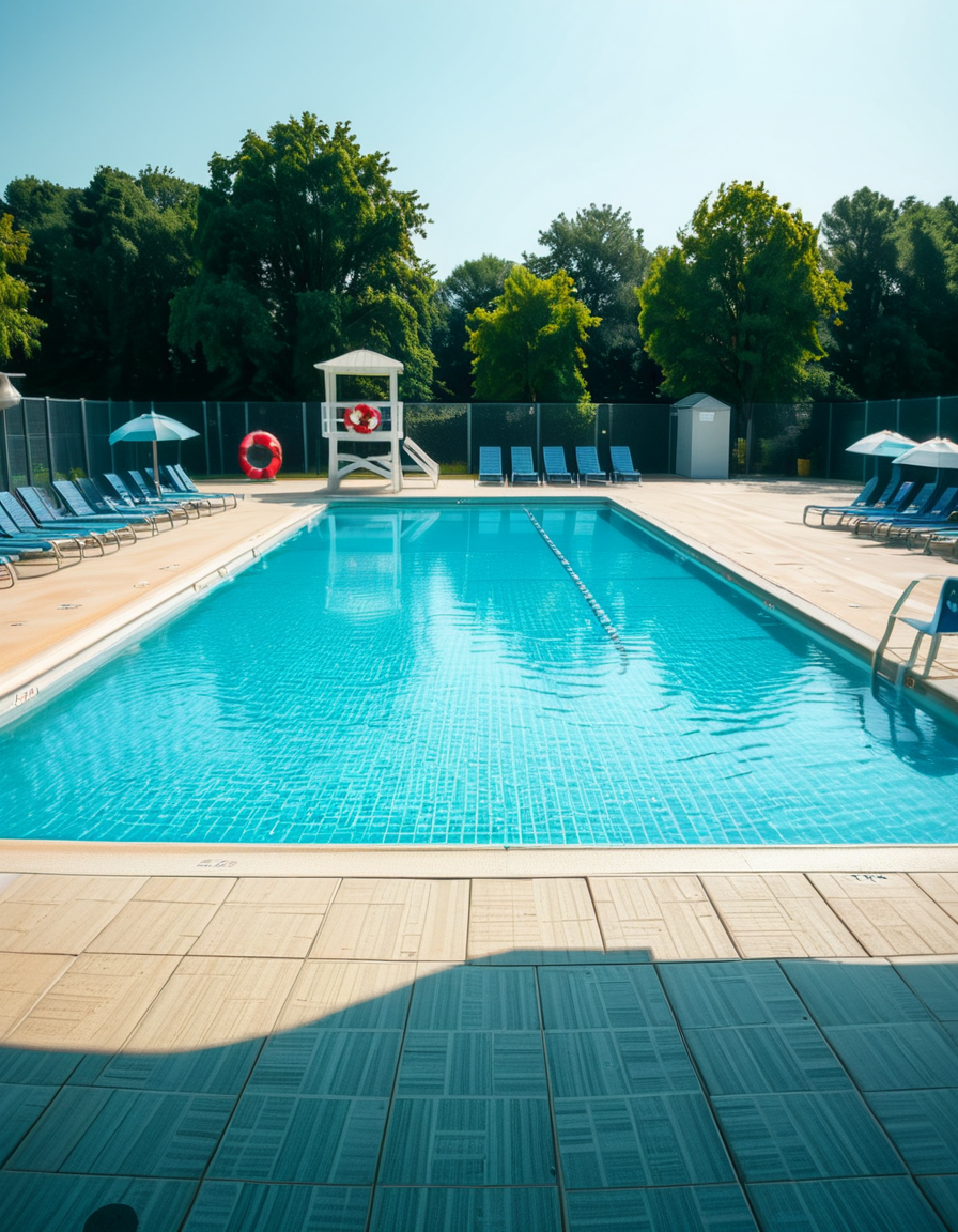 A large public swimming pool on a sunny day, completely empty of people. The clear blue water is still, reflecting the bright sky. Sunlight creates shimmering patterns on the tiled pool floor. The pool deck is lined with neatly arranged lounge chairs and colorful umbrellas. A lifeguard chair stands vacant at the poolside. Surrounding the area, lush green trees and well-maintained landscaping add a sense of tranquility. The atmosphere is calm and serene, with no movement except for the gentle ripples in the water.
<lora:SDXLFaeTastic2400:0.4> <lora:extremely_detailed:0.4> extremely detailed, <lora:public_swimming_p00l:1>,public swimming p00l, Masterpiece,best quality,hi res,8k,hi res,8k,award winning,(sharp focus, intricate, highly detailed),