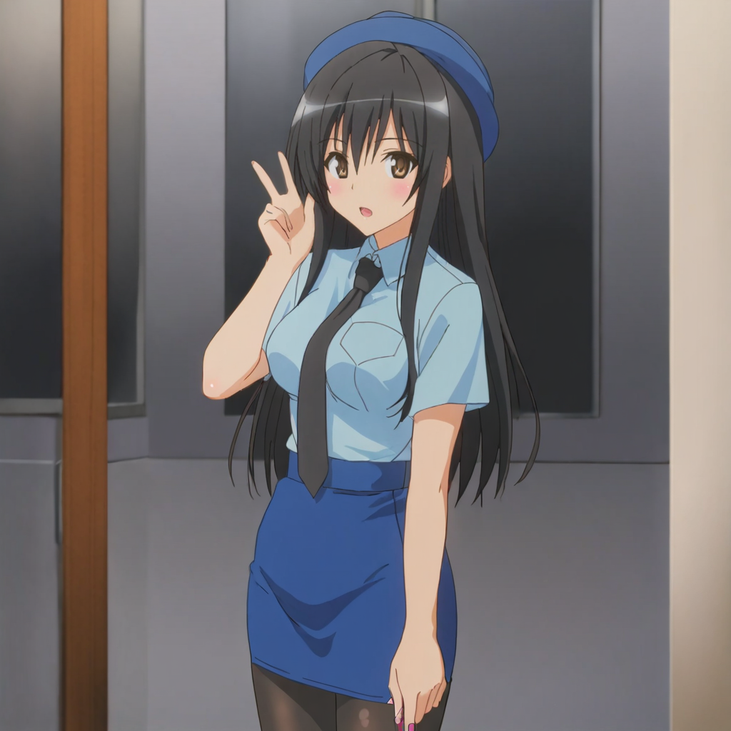<lora:YuiToLoveRu_pony_v1:.8>   YuiSwimsuit,  1girl, solo, long hair, brown eyes, black hair, cowboy shot  <lora:0820 tokisaki kurumi policewoman fan costume_v1_pony:1> ruanyi0820,black necktie,blue hat,blue shirt,blue skirt,black pantyhose,short sleeves,pencil skirt