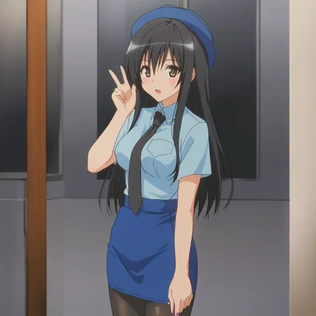 <lora:YuiToLoveRu_pony_v1:.8>   YuiSwimsuit,  1girl, solo, long hair, brown eyes, black hair, cowboy shot  <lora:0820 tokisaki kurumi policewoman fan costume_v1_pony:1> ruanyi0820,black necktie,blue hat,blue shirt,blue skirt,black pantyhose,short sleeves,pencil skirt