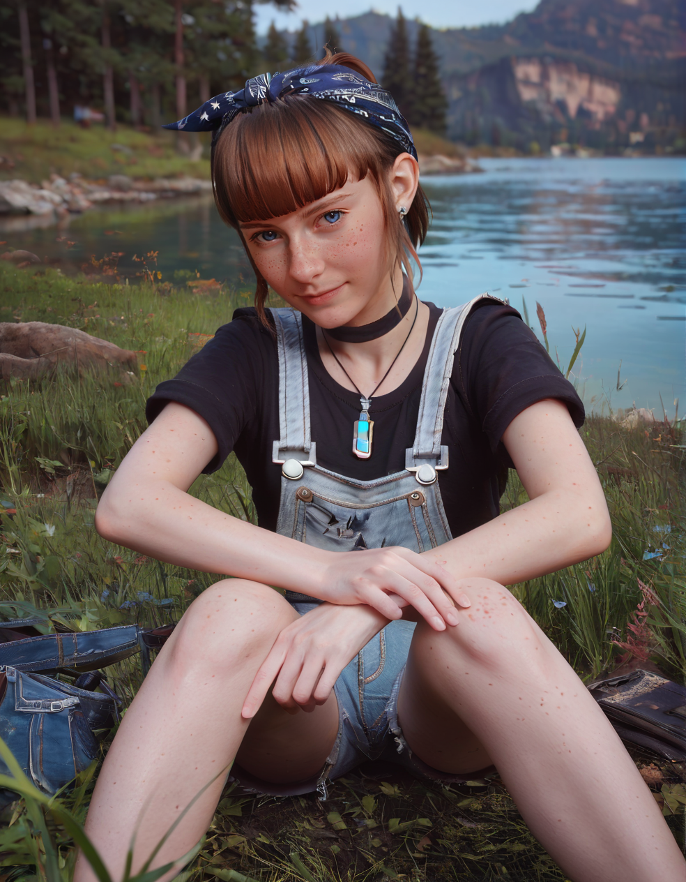 CyberRealisticPony_POSV1, <lora:kat_v2.0-000014:0.8>, k4tgirl, 1girl, pale skin, petite, young teen, dark blue eyes, brown hair, short ponytail, sidelocks, blunt bangs, freckles, blue bandana on head, black choker, pendant, t-shirt, blue overall shorts, cutoffs, thighs, looking at viewer, outdoors, lake, sitting, on grass, hugging own legs, natural light, depth of field, <lora:StS_PonyXL_Detail_Slider_v1.4_iteration_3:3>