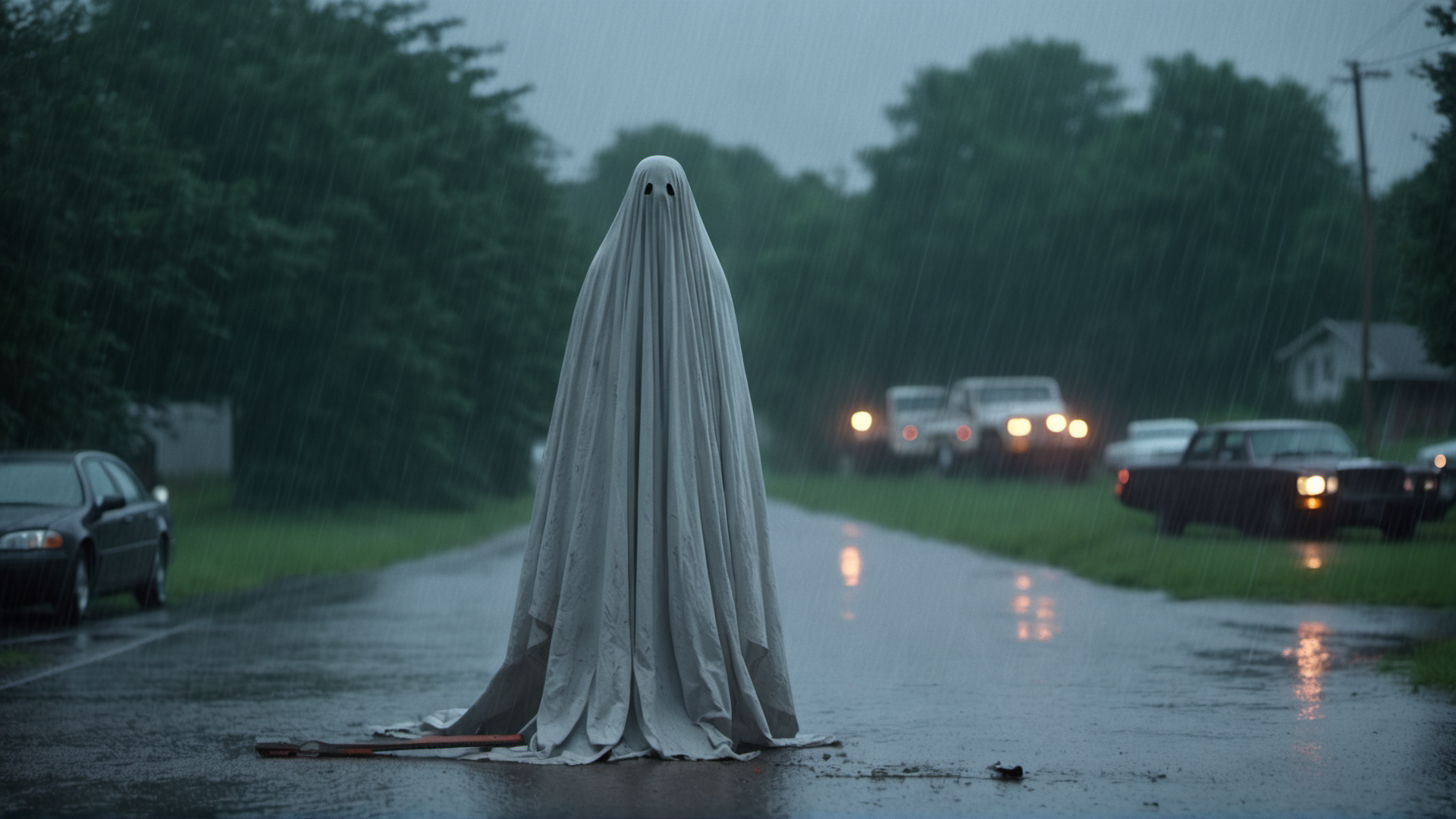 sheetghost person (holding a chainsaw in a heavy rainstorm :1.7) , dangerous and spooky. Horror film style. . . <lora:SheetGhost SDXL LoRA - Trigger with Sheetghost Person:1>