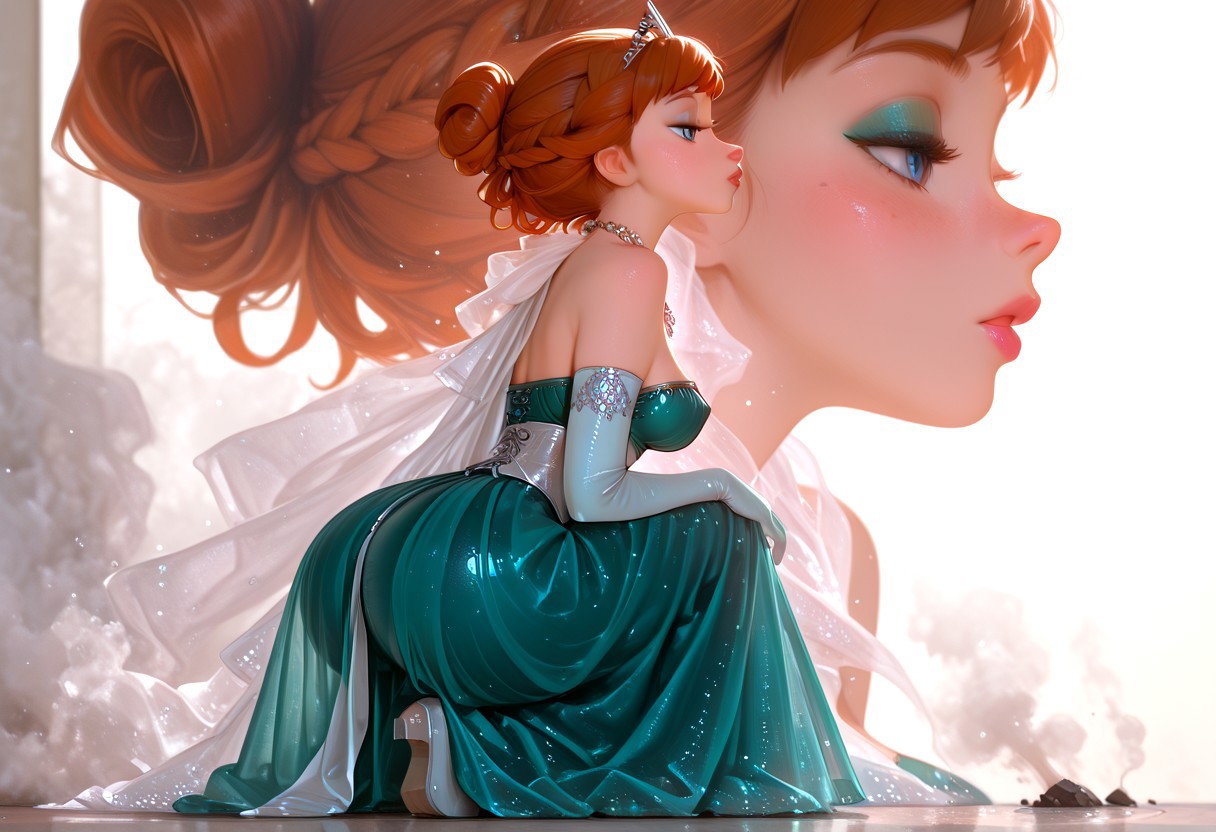 1girl, solo, perky breasts, lips, see through, full body, looking at viewer, sitting, bubble butt,profile,zoom layer,on one knee,looking to the side,  full lips, two-tone,face focus,backlighting,pink and white theme,depth of field,cinematic lighting,light particles,lens flare, colorful,splash of color, flying debris,dust,smoke,color theory, extreme aesthetic, A shot with tension,Emotionalization,unconventional supreme masterpiece,masterful details,temperate atmosphere,with a high-end texture,in the style of fashion photography, (Visual impact:1.2),amazing quality,((Best Quality)) (masterpiece) (details), Art8st, highly detailed, (AnnaXL:1), ginger auburn hair, blue eyes, single hair bun, braid, corset dress, long skirt, green skirt, bare shoulders, necklace, <lora:AAnnaXL_character:1>, <lora:DisneyAnna:0.8>
DisneyAnna, anna of arendelle, queen dress, tiara, updo, <lora:Frozen_-_Anna_SDXL:0.9>, anna (frozen), coronation outfit, crown braid,  <lora:Anna Illustrious-000017:1>,  AnnaRuiDX, mint eyeshadow, frozen \(disney\), anna \(frozen\), wearing cape and anna outfit, <lora:anna_Pony_LoRA_0.1-000002:0.8>, a77a, freckles, (((Anna))), gloves, elbow gloves, bare shoulders, eyeshadow,