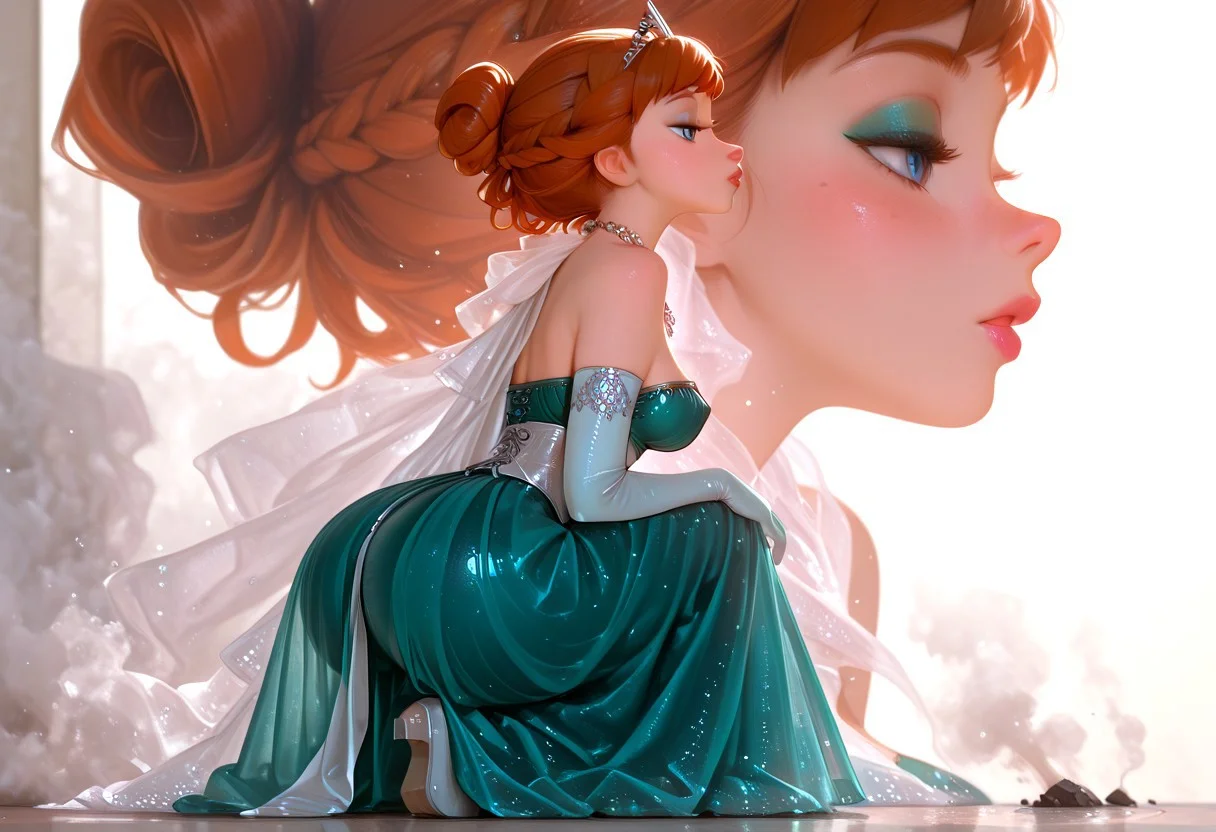 1girl, solo, perky breasts, lips, see through, full body, looking at viewer, sitting, bubble butt,profile,zoom layer,on one knee,looking to the side, full lips, two-tone,face focus,backlighting,pink and white theme,depth of field,cinematic lighting,light particles,lens flare, colorful,splash of color, flying debris,dust,smoke,color theory, extreme aesthetic, A shot with tension,Emotionalization,unconventional supreme masterpiece,masterful details,temperate atmosphere,with a high-end texture,in the style of fashion photography, (Visual impact:1.2),amazing quality,((Best Quality)) (masterpiece) (details), Art8st, highly detailed, (AnnaXL:1), ginger auburn hair, blue eyes, single hair bun, braid, corset dress, long skirt, green skirt, bare shoulders, necklace, <lora:AAnnaXL_character:1>, <lora:DisneyAnna:0.8>
DisneyAnna, anna of arendelle, queen dress, tiara, updo, <lora:Frozen_-_Anna_SDXL:0.9>, anna (frozen), coronation outfit, crown braid, <lora:Anna Illustrious-000017:1>, AnnaRuiDX, mint eyeshadow, frozen \(disney\), anna \(frozen\), wearing cape and anna outfit, <lora:anna_Pony_LoRA_0.1-000002:0.8>, a77a, freckles, (((Anna))), gloves, elbow gloves, bare shoulders, eyeshadow,