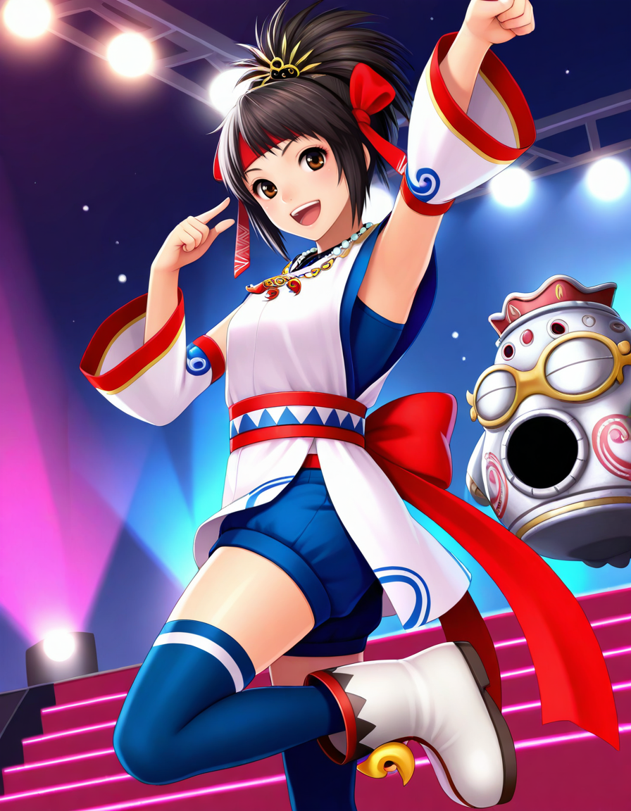 <lora:MusouOHimiko_SDXL_Illustrious01_fp16_ver03:1>,MusouOHimiko, 1girl,solo, headband,ribbon, black hair,short hair, brown eyes,detached sleeves,shorts, blue thighhighs,ankle boots,necklace,sash,haniwa, smile, pointing,arm up, stage,stage lights, open mouth,, masterpiece, best quality, very aesthetic, absurdres,<lora:detailed_hands:1>,hand