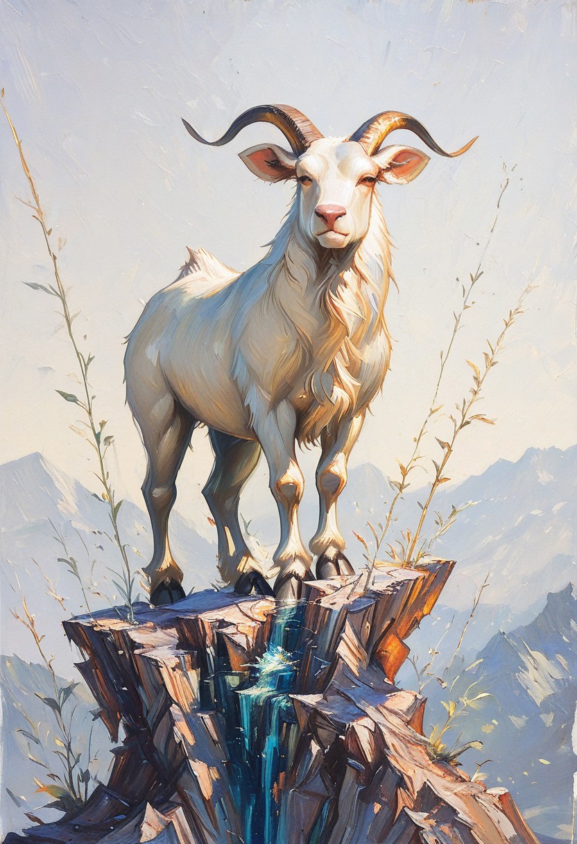 ArsMJStyle, Impressionism, oil painting, brushstrokes, masterpiece, high_quality, best_quality, closeup, mountain goat, grey, standing, near vertical slope, crack in cliff, very small ledge, trickle of water, cracks in cliff, kubrick stare, shadow, sketch background, gradient background, dynamic angle, upd25