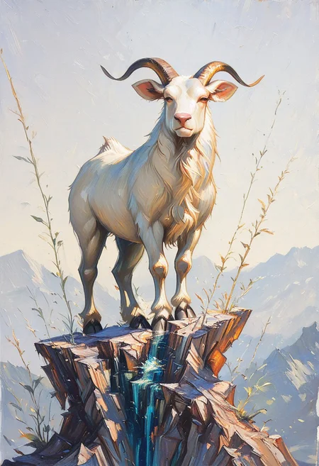 ArsMJStyle, Impressionism, oil painting, brushstrokes, masterpiece, high_quality, best_quality, closeup, mountain goat, grey, standing, near vertical slope, crack in cliff, very small ledge, trickle of water, cracks in cliff, kubrick stare, shadow, sketch background, gradient background, dynamic angle, upd25