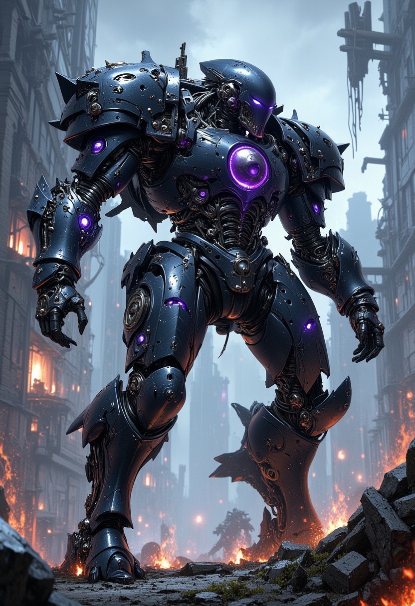 a huge high end bipedal robot battle unit, dark blue and neon power armor, detailed cyberhelmet, robot joints and circuits, holding an assault rifle, fighting on a futuristic sci-fi battleground, smoke, ruins, intricate detail. Perfect Composition, realistic photographic image, RAW photo highest quality, perfect directional lighting, mythp0rt, ArsMJStyle, dnddarkestfantasy