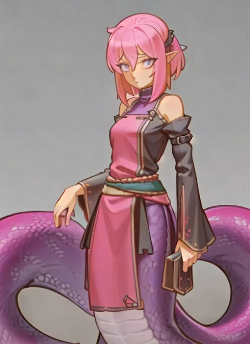 ((best quality)), ((highly detailed)), masterpiece, ((official art)), (detailed eyes, deep eyes), (1girl:1.33, solo), <lora:animeLamia_v10:1>, (lamia), scales, tail, merged at waist, standing, (pink hair), <lora:bartolomeobariStyle_v10:1>, bartolomeobari