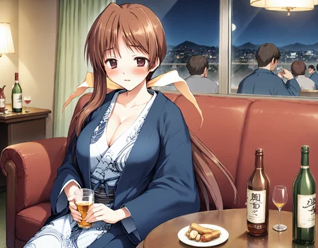 score_9, score_8_up, score_7_up, score_6_up, score_5_up, score_4_up, source_anime
BREAK
misaki_olis, 1girl, solo, brown hair, asymmetrical hair, low ponytail, hair bow, bath yukata, blue jacket, large breasts, cleavage, open jacket, sitting, blush, drunk, drugged
BREAK
party, night, alcohol, drinking glass, cup, wooden table, couch, curtains, window, shouji, indoors
BREAK
multiple boys, crowd
<lora:Misaki_BokuNoKanojoWaGatenkei_PonyXL_v1:1>