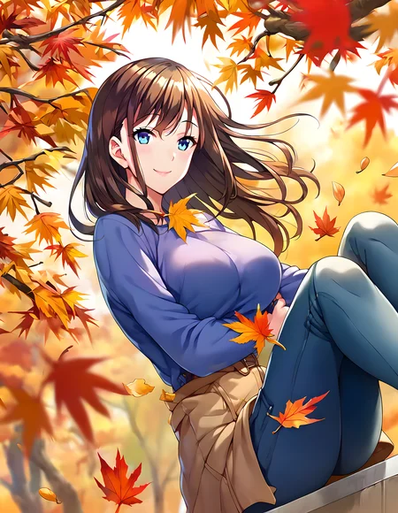 <lora:pony_xl_yayoi:0.9>,yayoi,score_9,score_8_up,score_7_up,source_anime,1girl,solo,casual,autumn,the leaves of the maple,autumn leaves,leaf,falling leaves,blurry,smile,sunset,