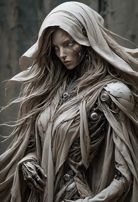 Create a vivid description capturing the essence of a cyborg woman in a close-up photograph, featuring real human blue-gray eyes with an intense gaze. The subject has long flowing hair, draped in a ghostly linen cloak billowing in the wind. The face is a striking fusion of half-cyborg with intricately crafted gold elements and half-human skin, creating a mesmerizing and enigmatic presence.