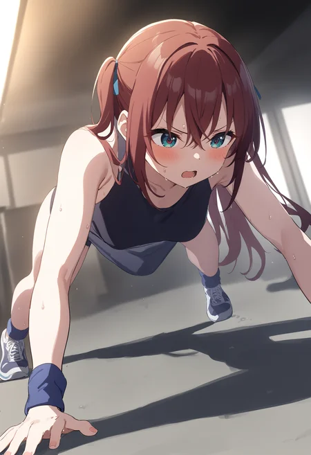 1girl,sincos, ningen mame, toosaka asagi,solo,medium breasts,
push-ups, sweat, exercise, all fours, arm support,<lora:push-ups_XL_v1:0.7>
dutch angle, full body, looking away, annoyed, open mouth,
best quality, very aesthetic, absurdres,