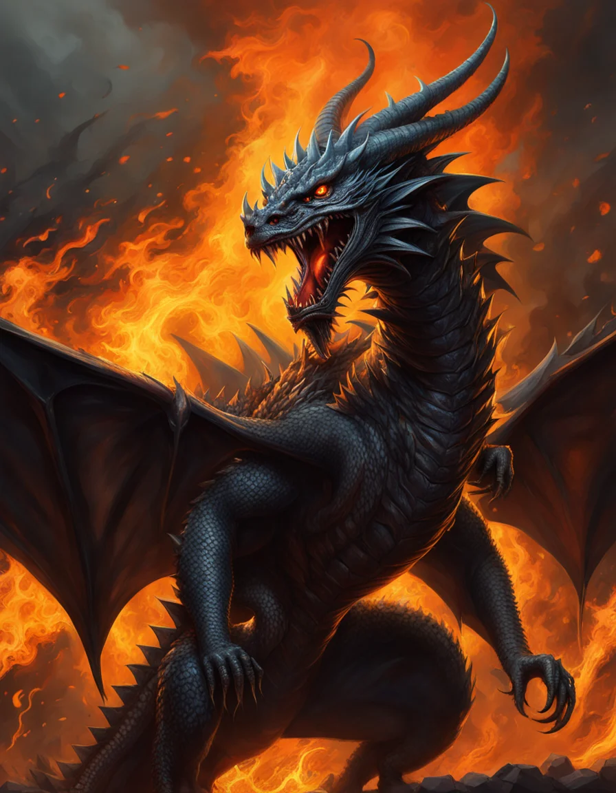 masterpiece, best quality, greg rutkowski, fire, no humans, open mouth, wings, dragon, sharp teeth, teeth, tail, solo, breathing fire, horns, monster, claws, smoke , very detailed, high resolution, sharp, sharp image, 4k, 8k,