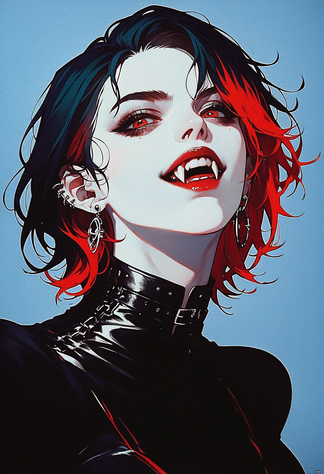 score_9, score_8_up, score_7_up, score_6_up, score_5_up, score_4_up, <lora:BloodyFangs:1> bl00dyfs, ear piercing, jewelry, fangs, teeth, 
1girl, pale skin, medium breasts, two-tone hair, Brown and copper highlights, 
On her toes with arms stretched out,
Fourth of July set,