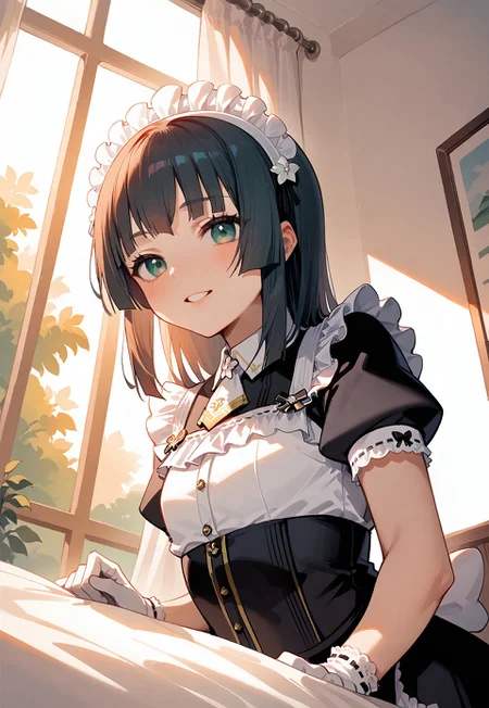 score_9, score_8_up, score_7_up, score_6_up, source_anime. zPDXL3, 1girl, solo, Mafuyu, Sofia maid outfit, Sofia maid headdress, Sofia maid gloves, looking at viewer, smile, leaning forward, upper body, bedsheets, indoors, white wall, window, flowing curtain, tree, morning, sunlight, sunny, sky, cloud, pov, from below, from side, dutch angle, (sidelighting:0.5)