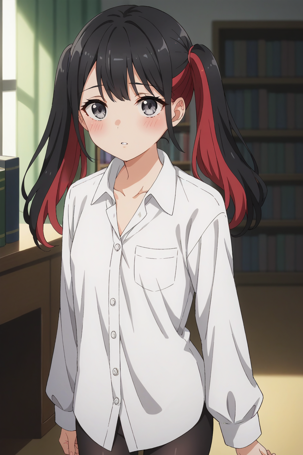 score_9, score_8_up, score_7_up, source_anime, 1girl, prefect lighting, very aesthetic, intricate details, highly detailed background, masterpiece, high quality, prefect hands, best quality, solo,
<lora:Nowa_Dress_up_Darling_V1:.85>, KJOnowa, black hair, multicolored hair, grey eyes, bangs, twintails, 
bedroom, bookshelf, wardrobe, desk, carpet, standing, shy, blush, parted lips,
white shirt, oversized shirt, dress shirt, sleeves past wrists, black pantyhose, no pants,
(Beautiful, small Breasts:1.2), natural breasts,