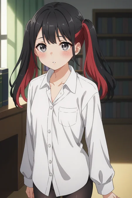 score_9, score_8_up, score_7_up, source_anime, 1girl, prefect lighting, very aesthetic, intricate details, highly detailed background, masterpiece, high quality, prefect hands, best quality, solo,
<lora:Nowa_Dress_up_Darling_V1:.85>, KJOnowa, black hair, multicolored hair, grey eyes, bangs, twintails,
bedroom, bookshelf, wardrobe, desk, carpet, standing, shy, blush, parted lips,
white shirt, oversized shirt, dress shirt, sleeves past wrists, black pantyhose, no pants,
(Beautiful, small Breasts:1.2), natural breasts,