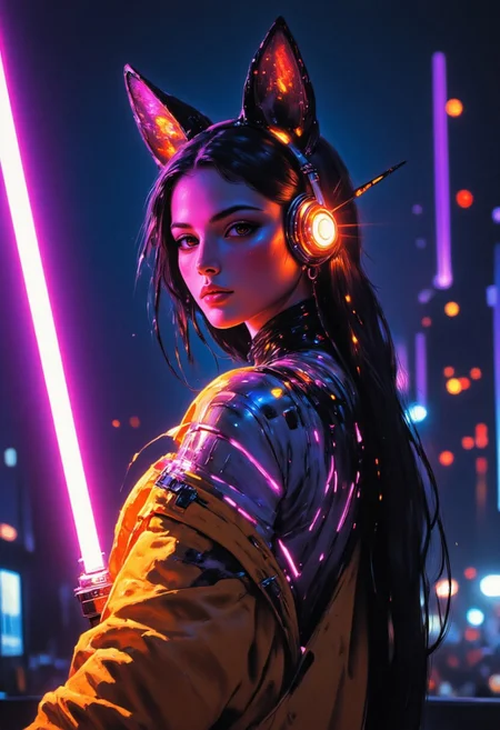 painted world, Comic art style, full body artwork of a Female augmented human with loose black and orange hair, punk clothes, holding a purple lightsaber, glowing-neon-trim, cyberpunk, portrait, glowing slit-pupil eyes, razr kitty style mechanical cat-ear headphones, cybernetic limbs, cyberpunk neon city background, rain, detail, Frank Frazetta fantasy oil painting