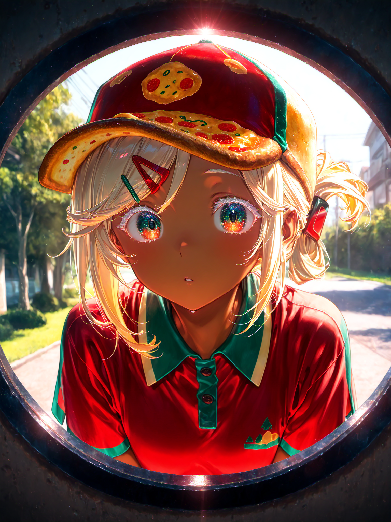 <lora:PizzaCR2XL:1>, PCo_CR, 1girl, dark skin, red two-tone collared shirt, medium hair, pizza hat, hairclip, short sleeves, polo shirt, folded ponytail, two-tone eyes, pov peephole, outdoors, 
siiqa vivi, shuri (84k) <lora:spo_sdxl_10ep_4k-data_lora_webui:0.5><lora:cfg_scale_boost:0.9> bored, dark-skinned female, face, eye focus, white eyelashes, day
masterpiece, best quality, amazing quality, very aesthetic, absurdres, newest, soft lighting, lazypos, sunlight,