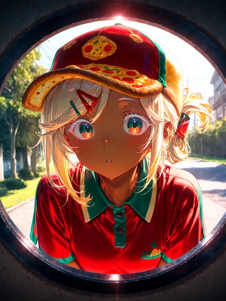 <lora:PizzaCR2XL:1>, PCo_CR, 1girl, dark skin, red two-tone collared shirt, medium hair, pizza hat, hairclip, short sleeves, polo shirt, folded ponytail, two-tone eyes, pov peephole, outdoors, 
siiqa vivi, shuri (84k) <lora:spo_sdxl_10ep_4k-data_lora_webui:0.5><lora:cfg_scale_boost:0.9> bored, dark-skinned female, face, eye focus, white eyelashes, day
masterpiece, best quality, amazing quality, very aesthetic, absurdres, newest, soft lighting, lazypos, sunlight,