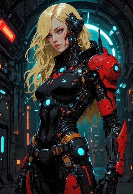 A fierce cyberpunk female warrior with long blonde hair, sharp teal eyes, and a determined expression. She is wearing a high-tech black and red armored suit with glowing red accents and cybernetic enhancements on her arms and headset. The background features a dark, industrial sci-fi environment filled with metallic pipes, neon lights, and mechanical details, creating a gritty, dystopian atmosphere. The art style is detailed, dynamic, and highly stylized with a strong anime influence, focusing on intense colors and dramatic lighting