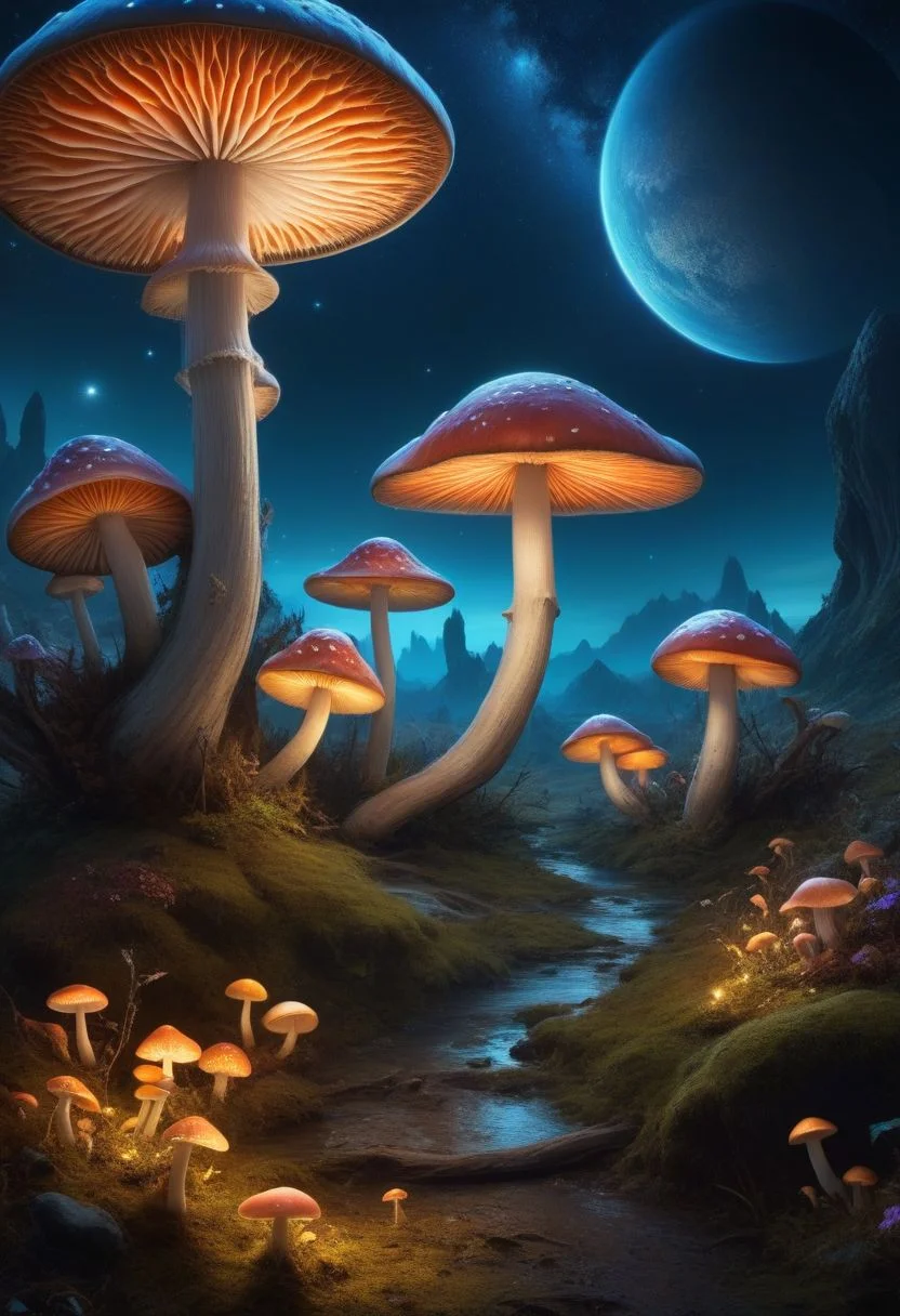 Professional night landscape with (fluorescent mushrooms:1.3) everywhere, best quality, masterpiece, 4k, 8k, realistic, professional photo, award winning, golden ratio, vivid colors, detailed, high details, attention to details, High Fantasy Realms, fantasy, beautiful, best colors, high contrast, (planets on sky:1.2)
