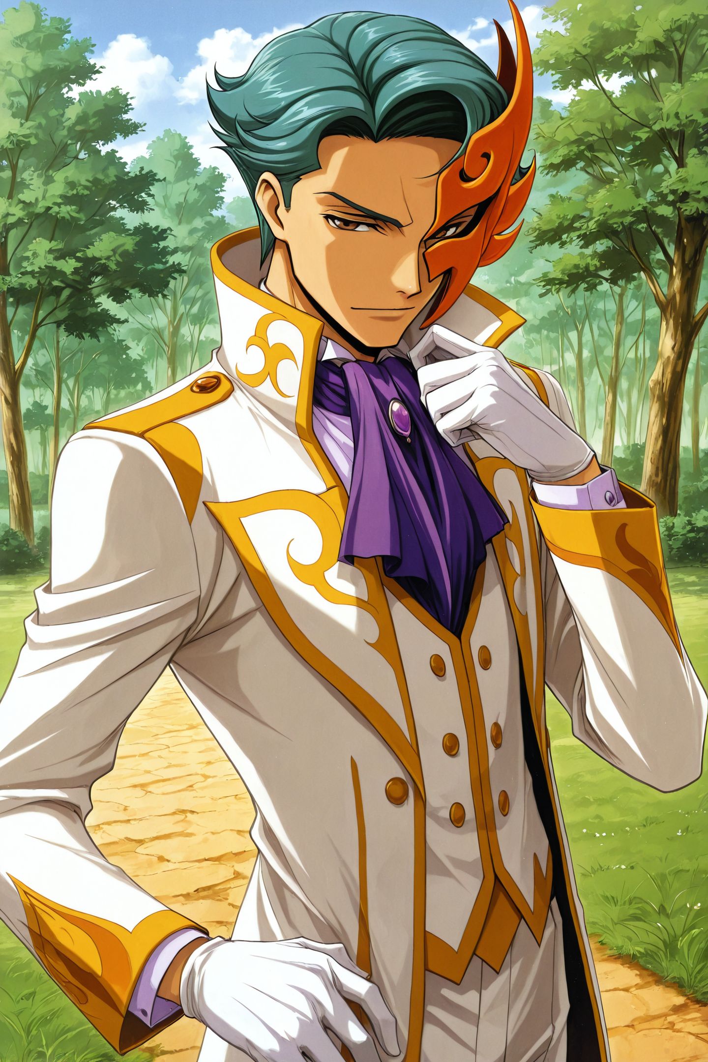 1boy,male focus,solo,jeremiah gottwald,blue hair,green hair,short hair,brown eyes,right half mask,orange mask,white jacket,jacket,long sleeves,ascot,purple ascot,formal,shirt,white gloves,standing,outdoors,
<lora:Takahiro Kimura_illustriousXL:1.5>,