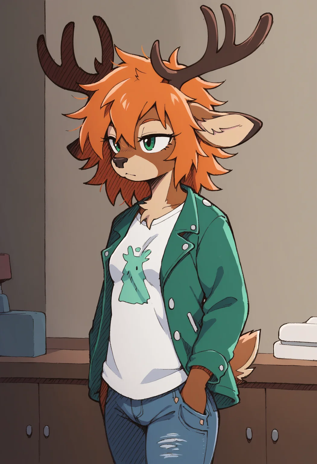 score_9, score_8_up, source_furry, indoors,  <lora:Riders_XL_V2:1>, solo, deer, antlers, orange hair, green jacket, brown fur, blue t-shirt, jeans, small breasts, messy hair, brown fur