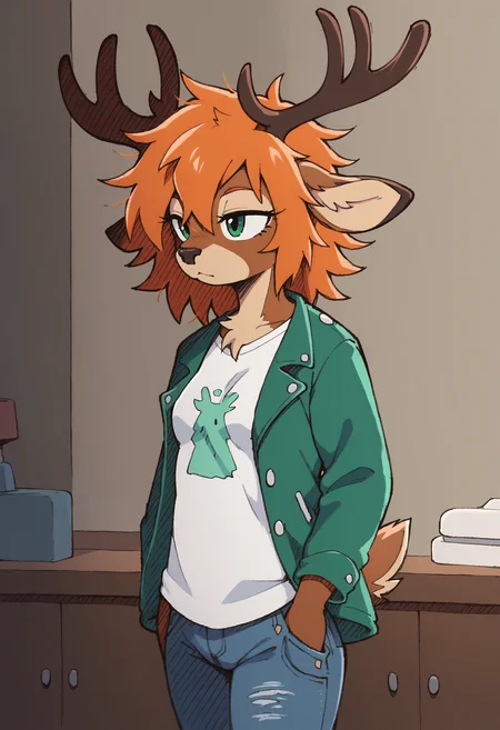 score_9, score_8_up, source_furry, indoors, <lora:Riders_XL_V2:1>, solo, deer, antlers, orange hair, green jacket, brown fur, blue t-shirt, jeans, small breasts, messy hair, brown fur