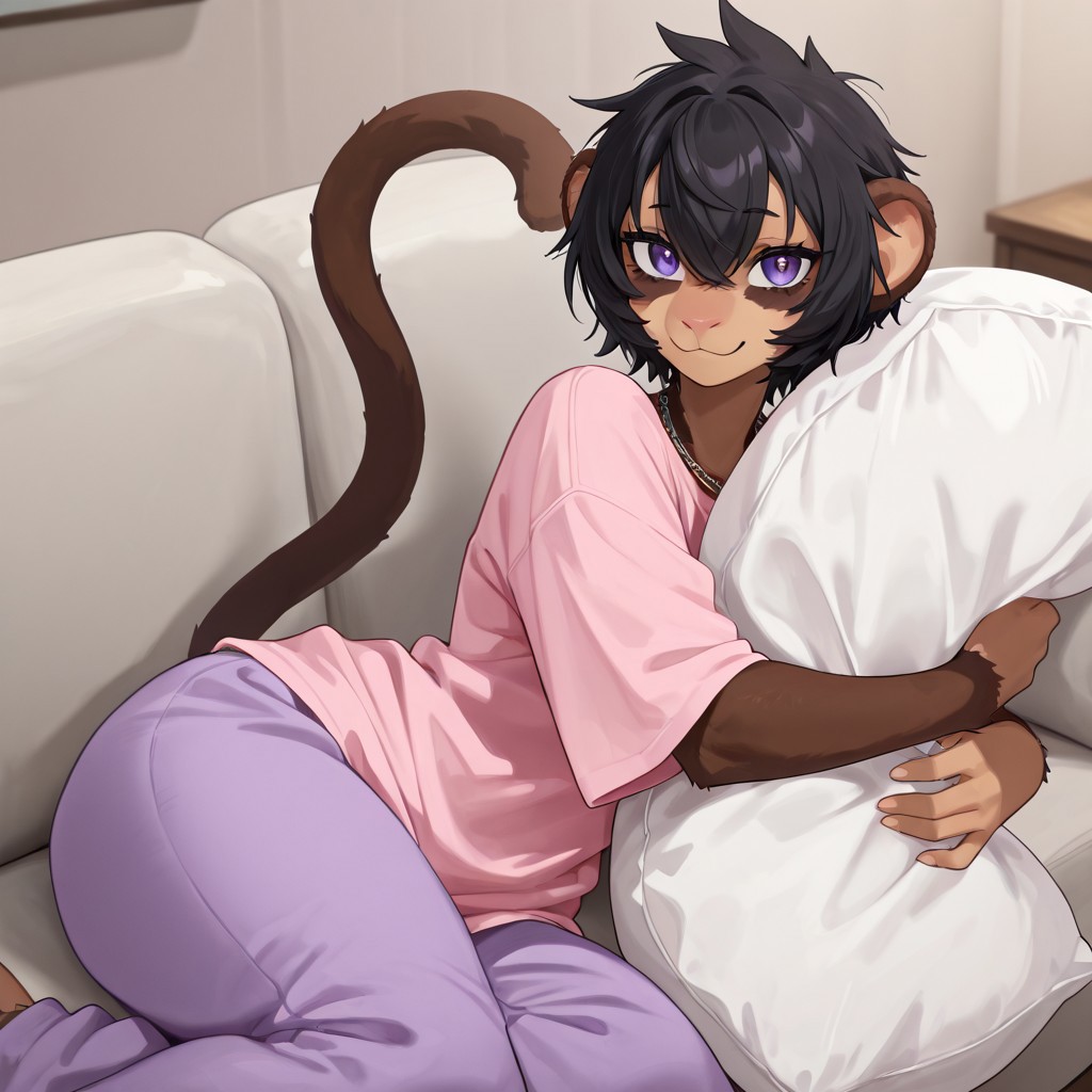masterpiece, best quality, newest, absurdres, highres, furry, perfect anatomy, MewMewM,1girl,solo,furry,furry female,short hair,black hair,hair between eye,animal ears,purple eyes,necklace,body fur, brown fur,monkey tail, pink shirt, oversized shirt, pajama pants, living room, couch, hugging pillow, arms around pillow, legs crossed, looking at viewer, happy, smiling, wide eyes,