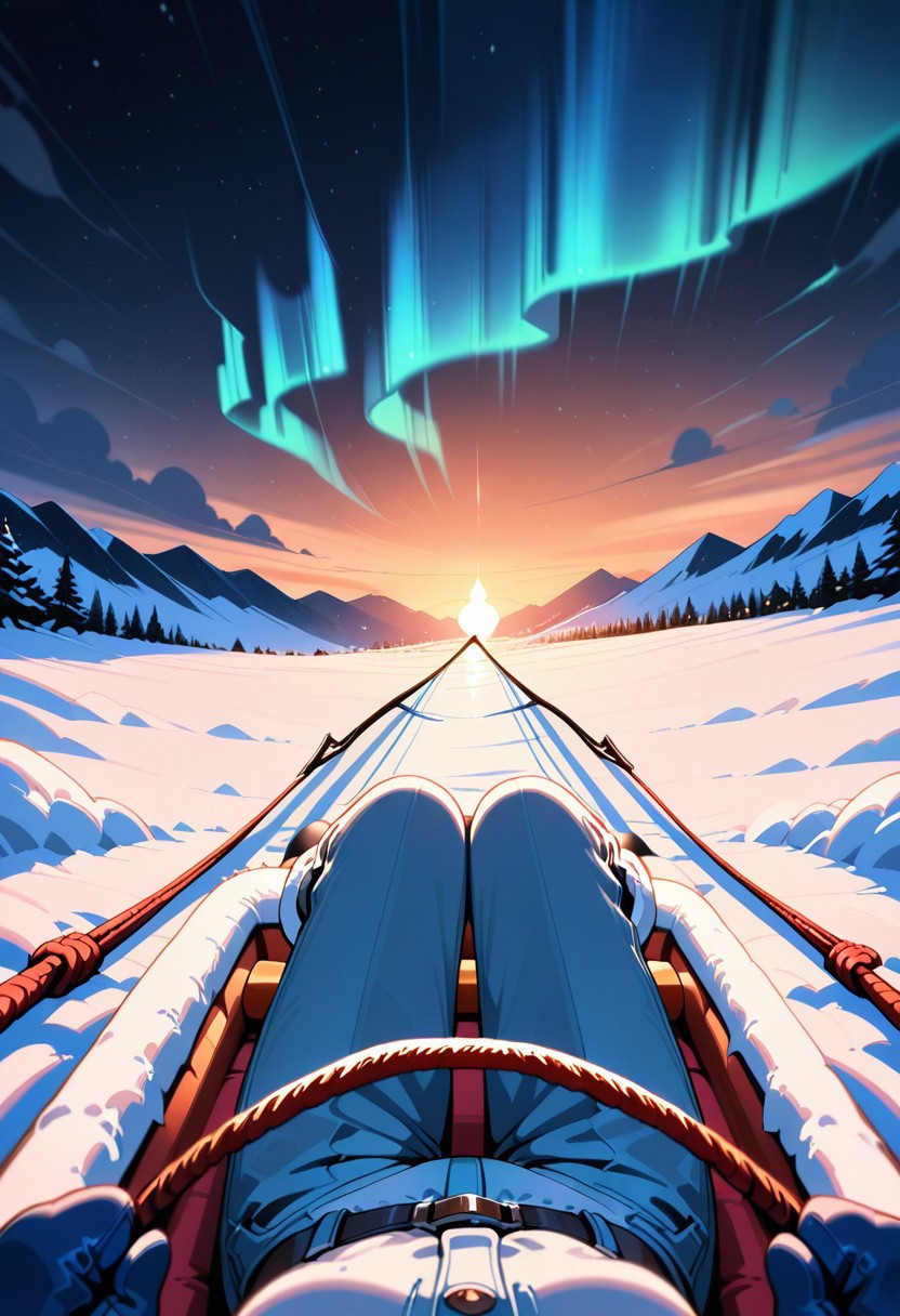 Sfw, warm colors, masterpiece, best quality, amazing quality, solo, black hair, female pov shot, first person point of view, long hair, blue fure lined parka, himalayan style, blue mittens, blue fur lined pants, sitting, on a sled, holding sled reins, noon time, winter season, in a snowy artic landscape, sitting upright, aurora,
cinematic lighting,female pov