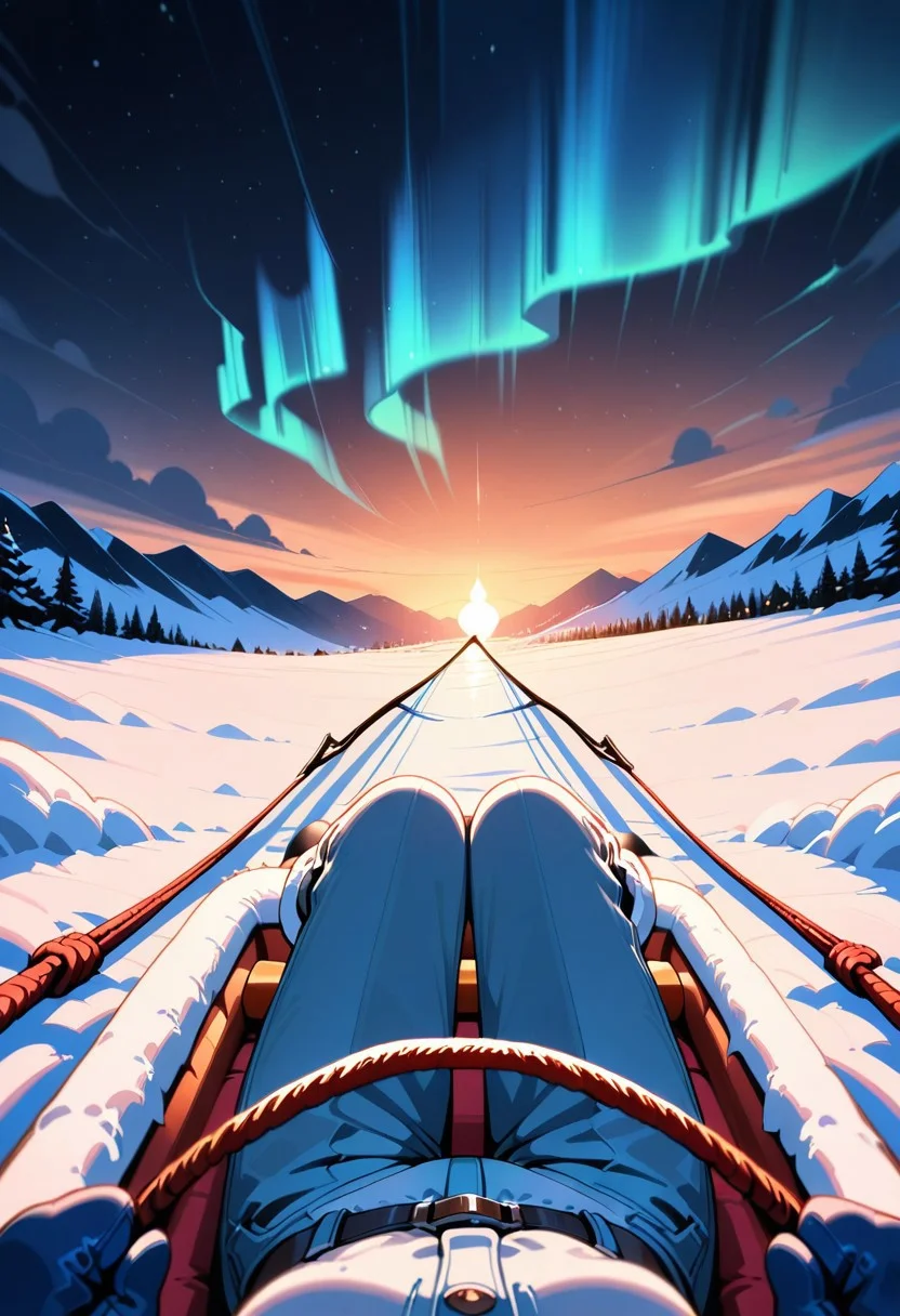 Sfw, warm colors, masterpiece, best quality, amazing quality, solo, black hair, female pov shot, first person point of view, long hair, blue fure lined parka, himalayan style, blue mittens, blue fur lined pants, sitting, on a sled, holding sled reins, noon time, winter season, in a snowy artic landscape, sitting upright, aurora,
cinematic lighting,female pov