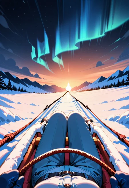 Sfw, warm colors, masterpiece, best quality, amazing quality, solo, black hair, female pov shot, first person point of view, long hair, blue fure lined parka, himalayan style, blue mittens, blue fur lined pants, sitting, on a sled, holding sled reins, noon time, winter season, in a snowy artic landscape, sitting upright, aurora,
cinematic lighting,female pov