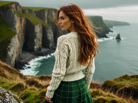 (back facing viewer:2), (rule of thirds, analog photograph, hyperrealistic, masterpiece, 8K, soft cinematic lighting, cold|dreary atmosphere, windy:1.75), (tall woman, very long messy hair, overlooking the cliffs of Moore, (tight) white knitted aran sweater, short plaid green skirt:1.5), pale skin, redhead, skinny <lora:RMSDXL_Enhance:1.5> <lora:RMSDXL_Creative:0.75>