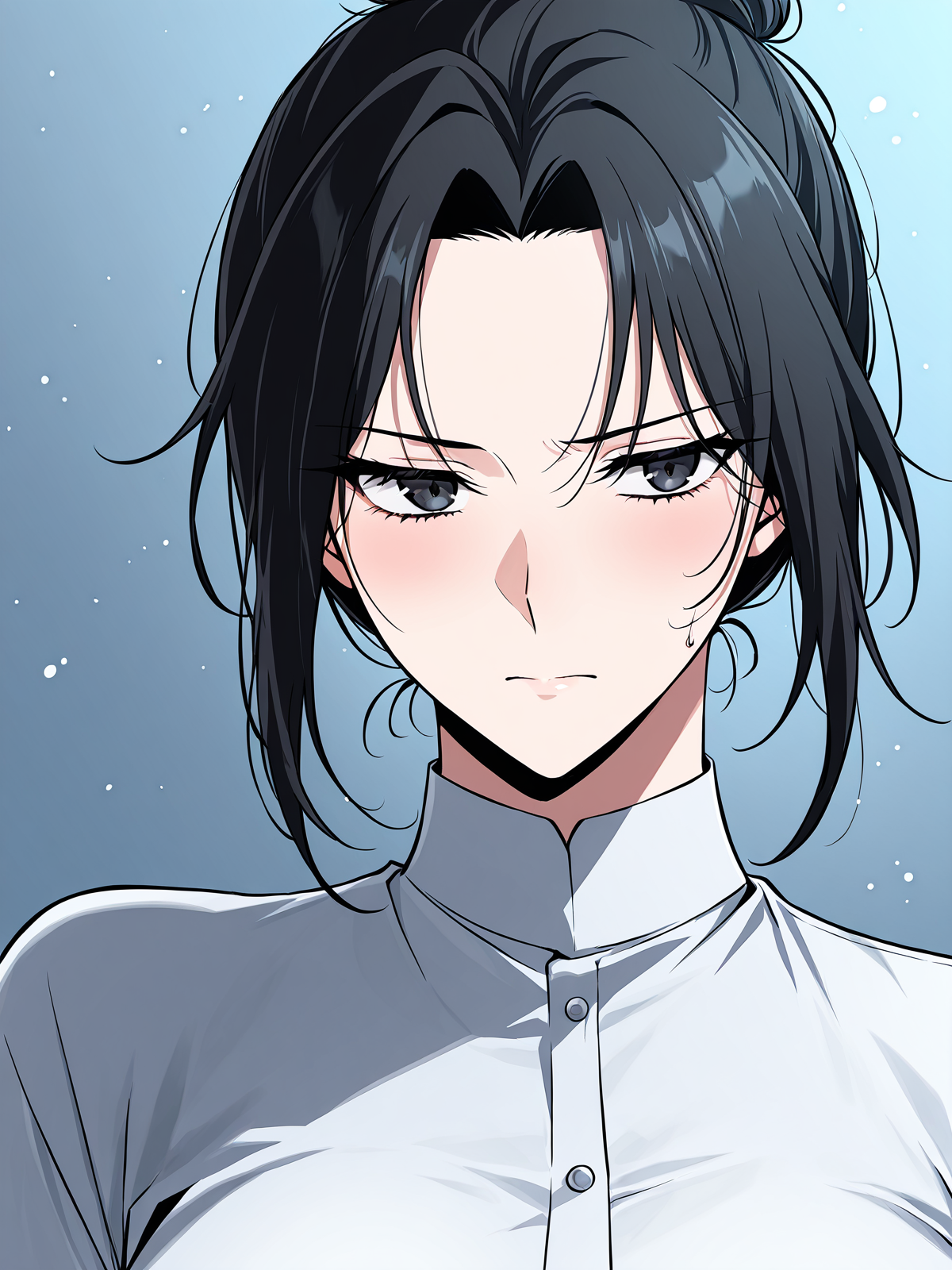 <lora:Omniscient_Readers_Viewpoint__Jung_Heewon:1>
1 girl, solo, black hair, long hair, black eyes, tied hair, hair bun, 
white shirt, light blue jeans,
score_9, score_8_up, score_7_up, score_6_up, source_anime, rating_explicit, masterpiece, best quality, intricate details, gothic fantasy, upper body portrait, dramatic pose, confident gaze, cinematic lighting, clean background, glowing magical particles, detailed face, vibrant colors