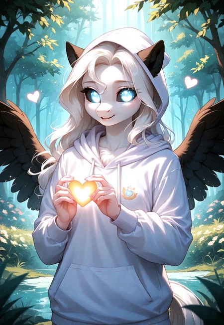 score_9, score_8_up, score_7_up, score_pony, zPDXL3, Albina, 1girl, wild pony, anthro pony, (white fur:1.4), (white long hair:1.3), soft detailed fur, big glowing eyes, (glowing white eyes:1.1), black sclera, black ears, (black wings:1.2), wearing a cozy hoodie, in magical forest, (moonlight:1.3), glowing heart floating in her hooves, sparkles, gentle soft fog, (bright lighting on character:1.3), magical atmosphere, pastel glow, fantasy background, full body, highly detailed, cute and mystical, soft shading, (sharp focus on character:1.2) BREAK (masterpiece:1.3), (best quality:1.3), (ultra-detailed:1.3), (cinematic lighting:1.2), (depth of field:1.1), (sharp details:1.1)