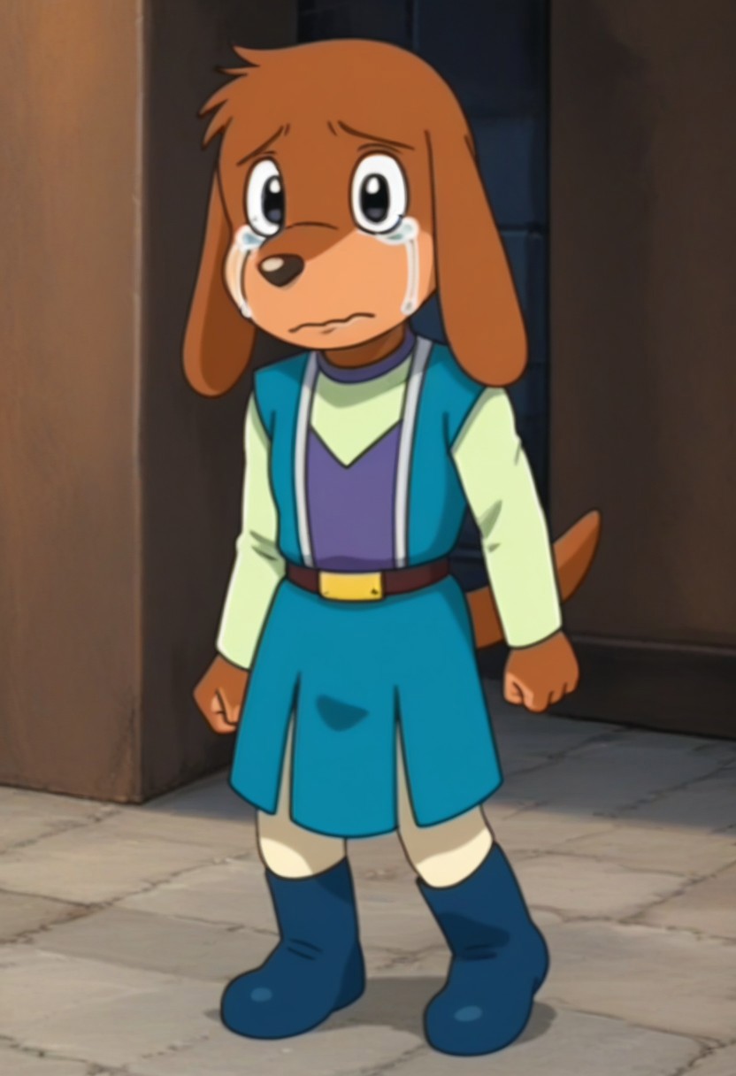 looking at viewer, body fur, dog, dog boy, furry, 1boy, solo, furry male, male focus, brown hair, animal ears, dog ears, black eyes, animal nose, shirt, vest, long sleeves, belt, tail, dog tail, boots, blue footwear, full body, crying, tears, high quality