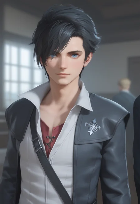 score_9, score_8_up, score_7_up, BREAK anime, 1boy, clive_ffxvi, black hair, blue eyes, sword on back, blurred background, indoors <lora:Clive_Rosfield:0.6>