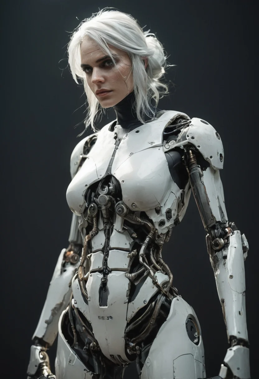 score_9, score_8_up, score_7_up, score_6_up, photo, ciri 1girl, solo, (dutch angle:1.3), (long white hair:1.2), grey eyes, weapon, sword, (scifi|cyber|exoskeleton:1.2), simple black background, headgear, katana, (science fiction:1.4), cyborg, robot joints, tactical gear, (weapon on back:1.3), cinematic photorealistic light <lora:cyb0rgXLP:0.25>,