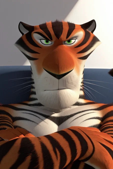 masterpiece, best quality, high quality, photorealism, anthro, furry, tiger, vitaly_madagascar, muscular build, bara, tail, front view, green eyes, looking at viewer, close up, upper half body, arms crossed, white background, high detail fur texture<lora:Vitaly_Illustrious:1> <lora:waiNSFWIllustrious_v110:1>