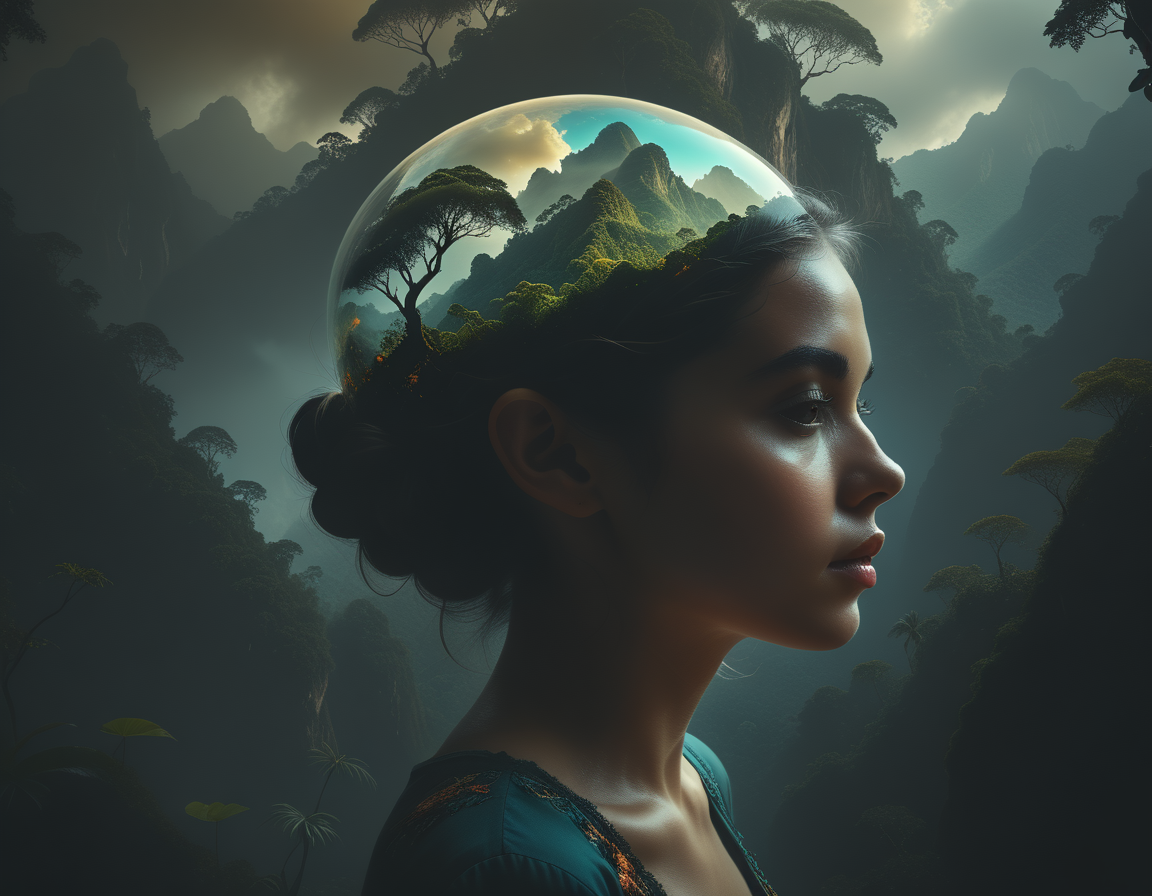Dreamscape 
 <lora:bubble_watercolours_LCM:0.8>Dubrec styleï¼Girl head portraitï¼Jungle mountains image foregroundï¼ï¼multiple exposureï¼1.8ï¼ï¼Complex illustrations in surrealist art styleï¼Surreal dreams
 . Surreal, ethereal, dreamy, mysterious, fantasy, highly detailed