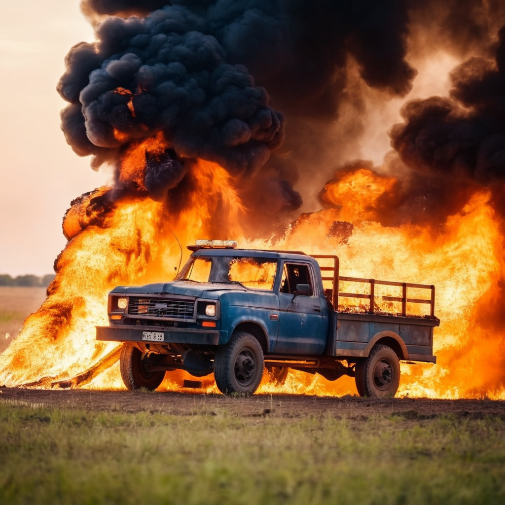 cinematic film still of  <lora:cinematic explosion style:1.5>
a truck is on fire in a explosion field cinematic explosion style, shallow depth of field, vignette, highly detailed, high budget, bokeh, cinemascope, moody, epic, gorgeous, film grain, grainy