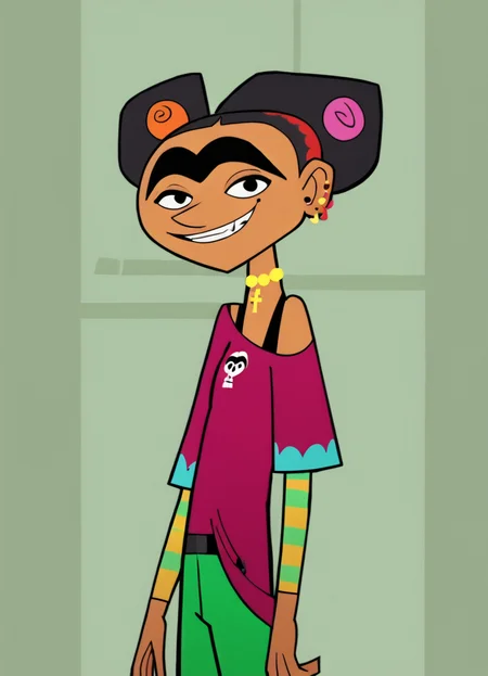 frida, 1girl, unibrow, red headband, jewelry, earrings, double_bun, black hair, hair bobbles, solo,grin, print shirt, black eyes, cross necklace, smile, piercing, green pants, off shoulder, score_9, score_8_up, score_7_up, score_6_up, score_5_up, score_4_up, looking at viewer, cowboy shot, <lora:FridaCHPony1.0:1>