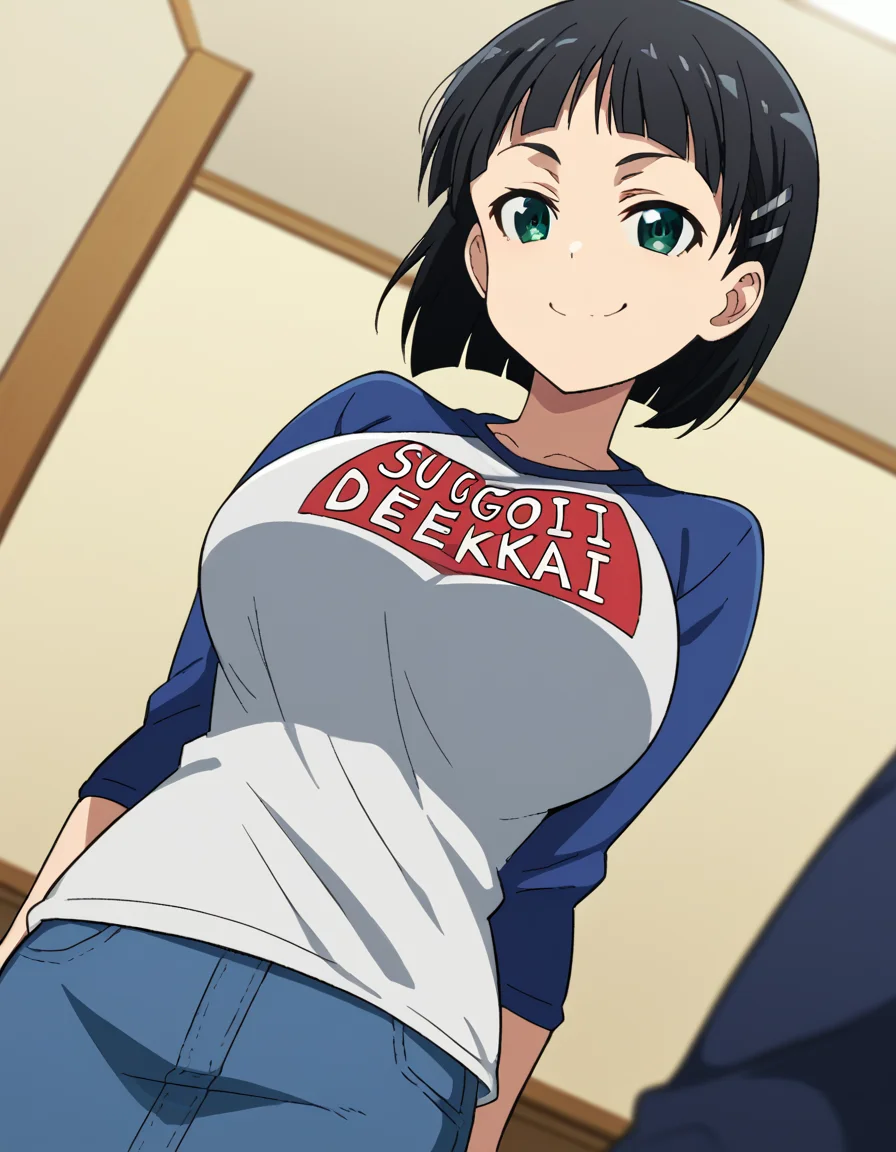 score_9, score_8_up, score_7_up, source_anime, suguhakirigaya, <lora:suguha-kirigaya-s1-ponyxl-lora-nochekaiser:1>, suguha kirigaya, short hair, black hair, hair ornament, hairclip, green eyes, large breasts,, <lora:sugoi-dekai-ponyxl-lora-nochekaiser:1>, sugoi dekai, clothes writing, raglan sleeves, t-shirt, denim, denim skirt,, indoors, smile, smug,, cowboy shot, dutch angle,