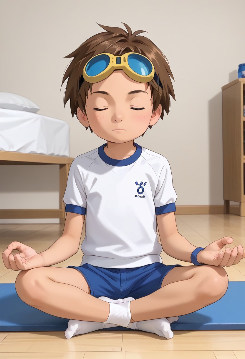 score_9, score_8_up, score_7_up, zPDXL2, 
,
1boy, solo, goggles on head, brown hair, jyojifuku, white shirt,  short sleeves, shorts, gym uniform，bedroom,hud_m3dit4tion, indian style, sitting, on floor, , , facing viewer, , closed eyes,